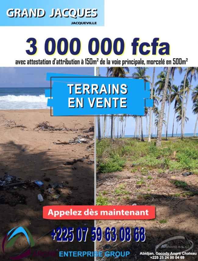 Opportunité terrain  3.000.000 fcfa  en bordure de mer à grand jacques