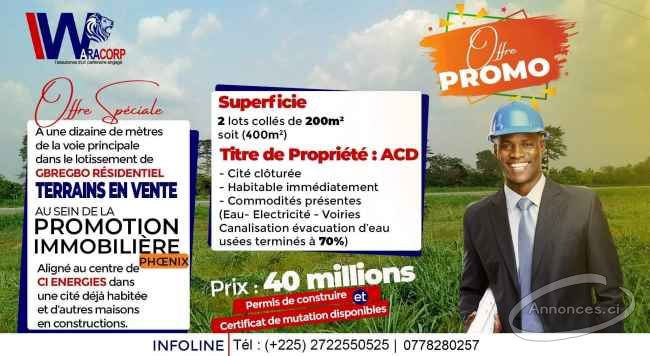 Terrain 400m² avec acd en vente à bingerville