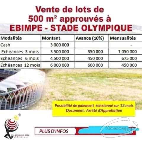 Terrain de 160 à 500 m² en vente derrière le stade olympique d'ebimpé