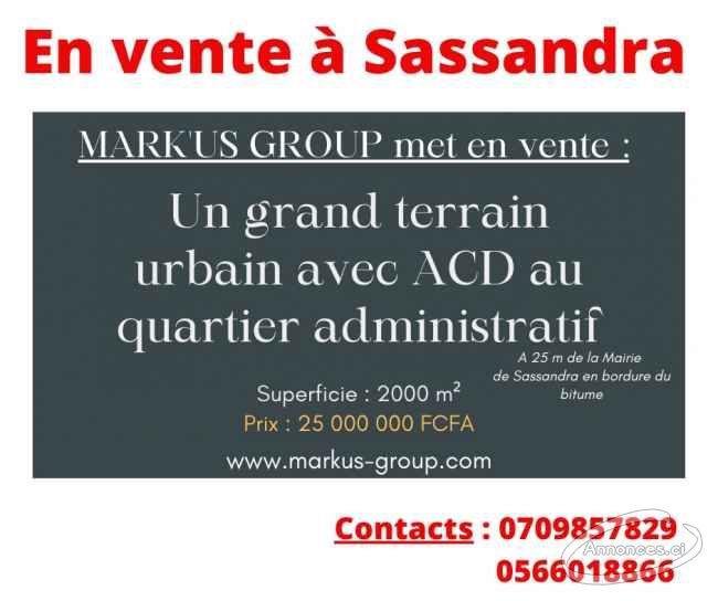 Terrain urbain de 2000 m² en vente à sassandra