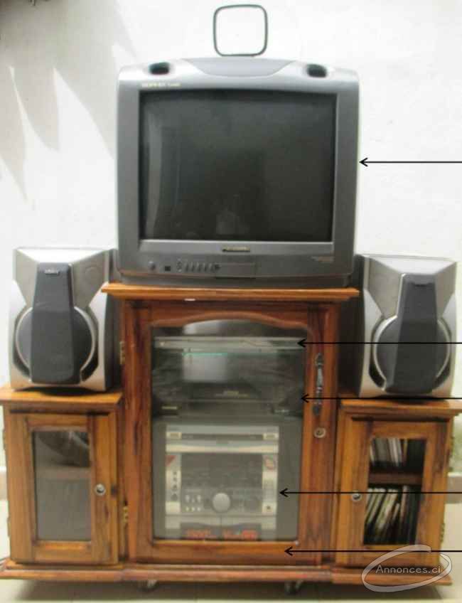 Tv + mini-chaÎne +lecteur video vhs + lecteur dvd + meuble en bois massif